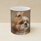 Shih Tzu Oil Portrait Ceramic Mug 11oz shown on a warm limestone shelf, front view