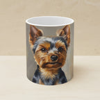 Yorkshire Terrier Oil Portrait Ceramic Mug 11oz shown on a warm limestone shelf, front view