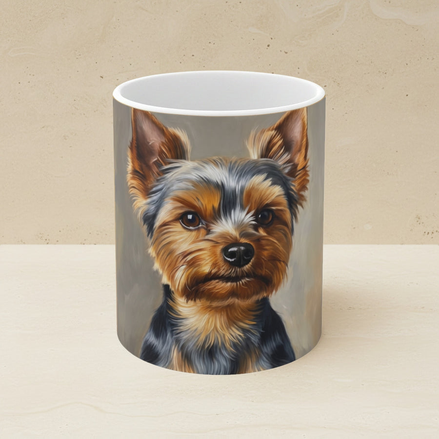 Yorkshire Terrier Oil Portrait Ceramic Mug 11oz shown on a warm limestone shelf, front view