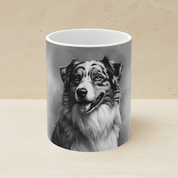 Australian Shepherd Charcoal Portrait Ceramic Mug 11oz shown on a warm limestone shelf, front view