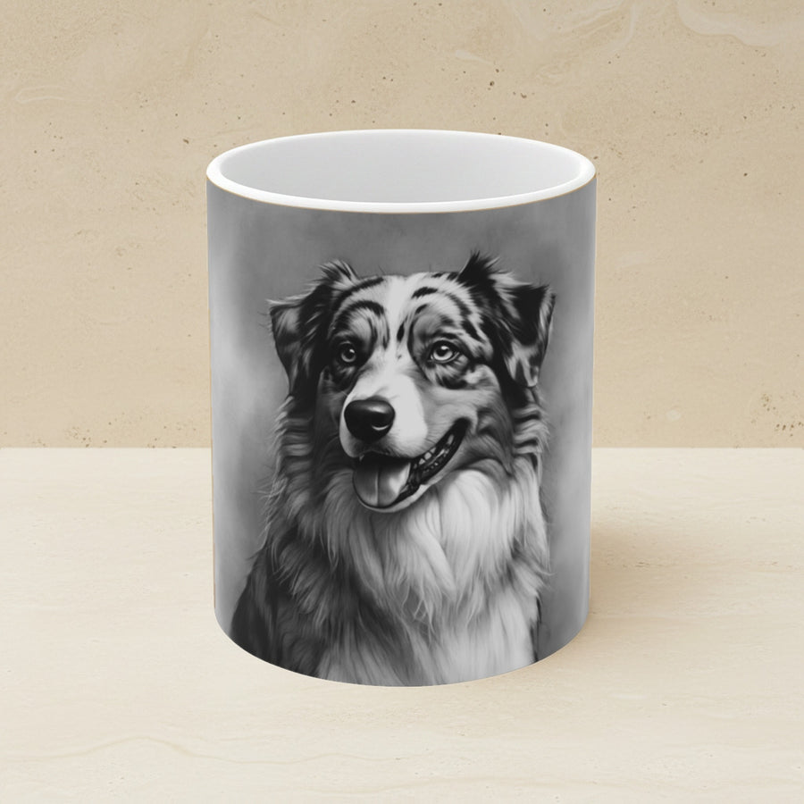 Australian Shepherd Charcoal Portrait Ceramic Mug 11oz shown on a warm limestone shelf, front view