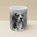 Beagle Charcoal Portrait Ceramic Mug 11oz shown on a warm limestone shelf, front view