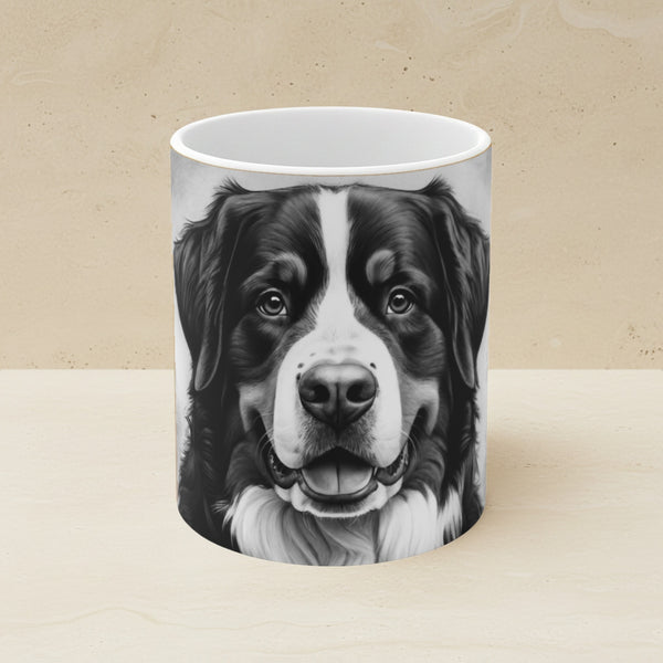 Bernese Mountain Dog Charcoal Portrait Ceramic Mug 11oz shown on a warm limestone shelf, front view