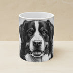 Bernese Mountain Dog Charcoal Portrait Ceramic Mug 11oz shown on a warm limestone shelf, front view