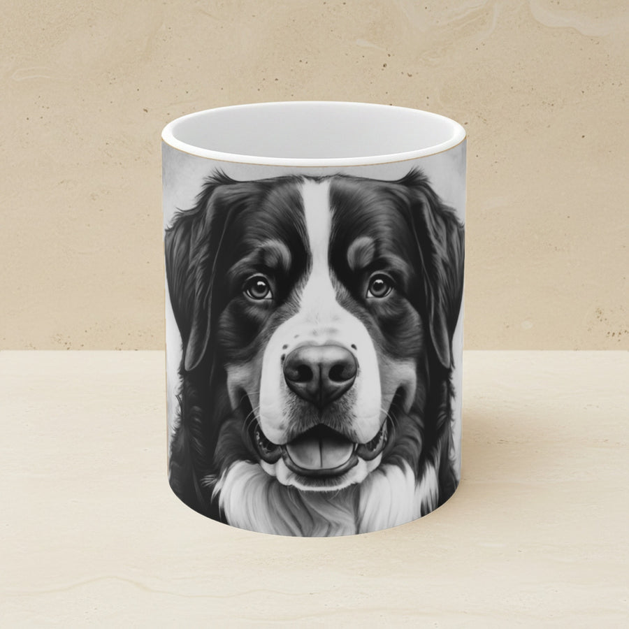 Bernese Mountain Dog Charcoal Portrait Ceramic Mug 11oz shown on a warm limestone shelf, front view