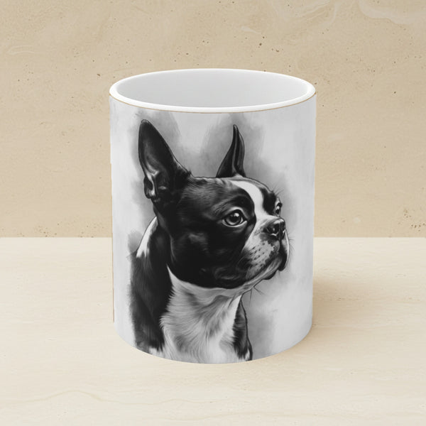 Boston Terrier Charcoal Portrait Ceramic Mug 11oz shown on a warm limestone shelf, front view
