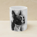 Boston Terrier Charcoal Portrait Ceramic Mug 11oz shown on a warm limestone shelf, front view
