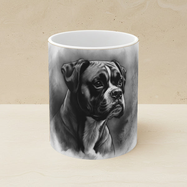 Boxer Charcoal Portrait Ceramic Mug 11oz shown on a warm limestone shelf, front view