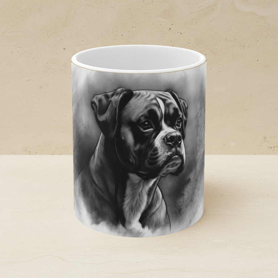 Boxer Charcoal Portrait Ceramic Mug 11oz shown on a warm limestone shelf, front view