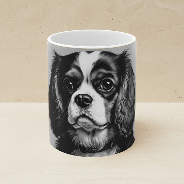 Cavalier King Charles Spaniel Charcoal Portrait Ceramic Mug 11oz shown on a warm limestone shelf, front view
