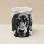 Dachshund Charcoal Portrait Ceramic Mug 11oz shown on a warm limestone shelf, front view