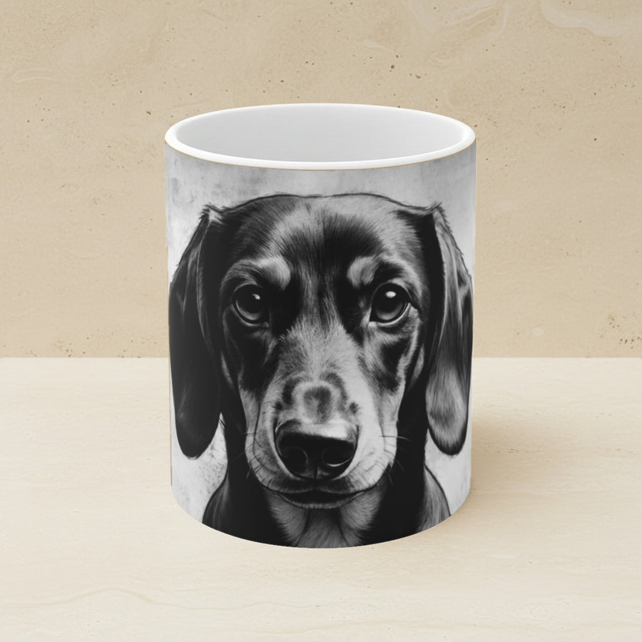 Dachshund Charcoal Portrait Ceramic Mug 11oz shown on a warm limestone shelf, front view