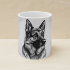 German Shepherd Charcoal Portrait Ceramic Mug 11oz shown on a warm limestone shelf, front view