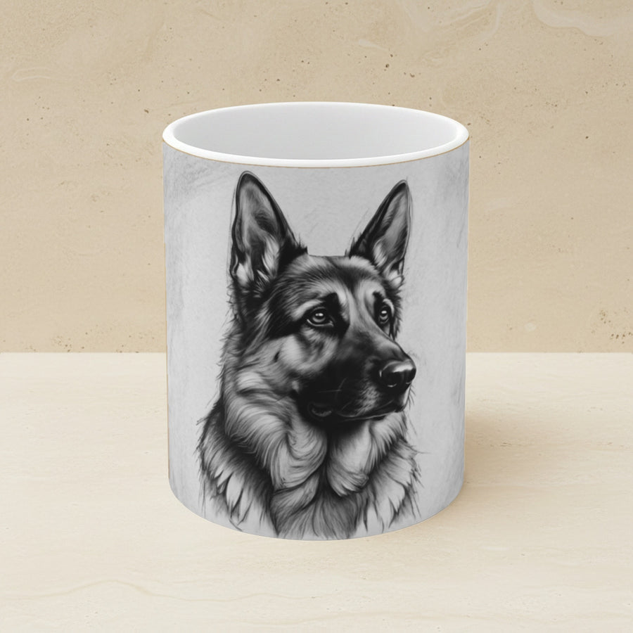 German Shepherd Charcoal Portrait Ceramic Mug 11oz shown on a warm limestone shelf, front view