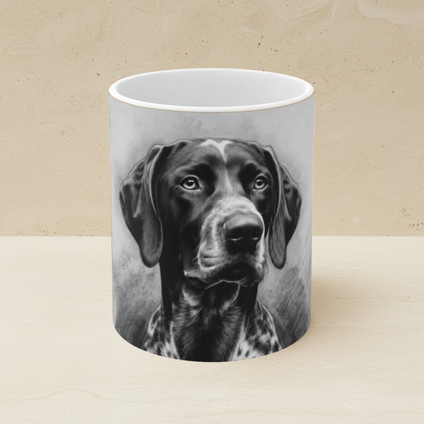 German Shorthaired Pointer Charcoal Portrait Ceramic Mug 11oz shown on a warm limestone shelf, front view