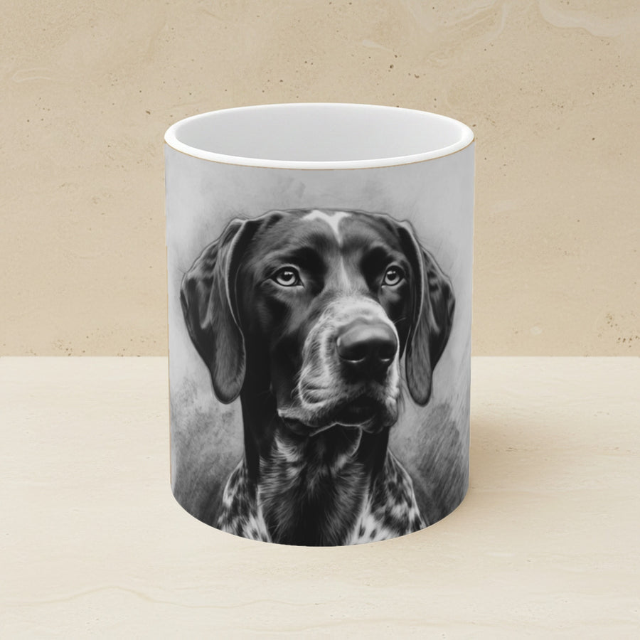 German Shorthaired Pointer Charcoal Portrait Ceramic Mug 11oz shown on a warm limestone shelf, front view