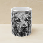 Golden Retriever Charcoal Portrait Ceramic Mug 11oz shown on a warm limestone shelf, front view