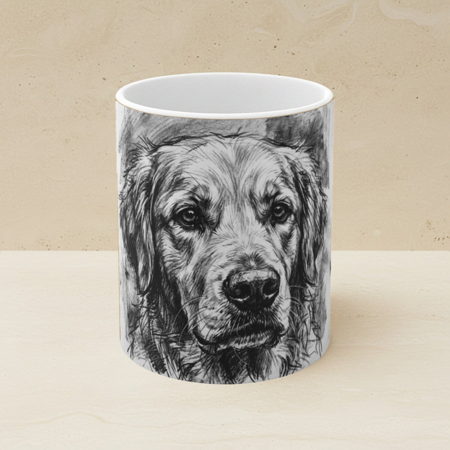 Golden Retriever Charcoal Portrait Ceramic Mug 11oz shown on a warm limestone shelf, front view