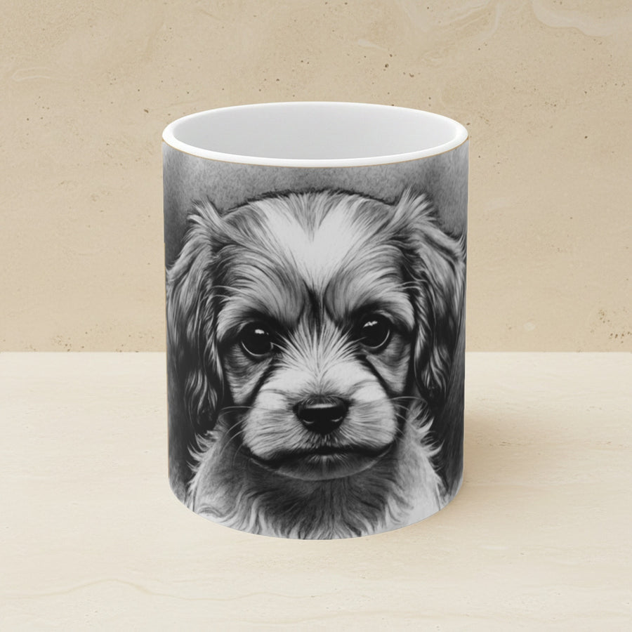 Havanese Charcoal Portrait Ceramic Mug 11oz shown on a warm limestone shelf, front view