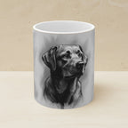 Labrador Retriever Charcoal Portrait Ceramic Mug 11oz shown on a warm limestone shelf, front view