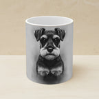 Miniature Schnauzer Charcoal Portrait Ceramic Mug 11oz shown on a warm limestone shelf, front view