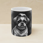 Shih Tzu Charcoal Portrait Ceramic Mug 11oz shown on a warm limestone shelf, front view