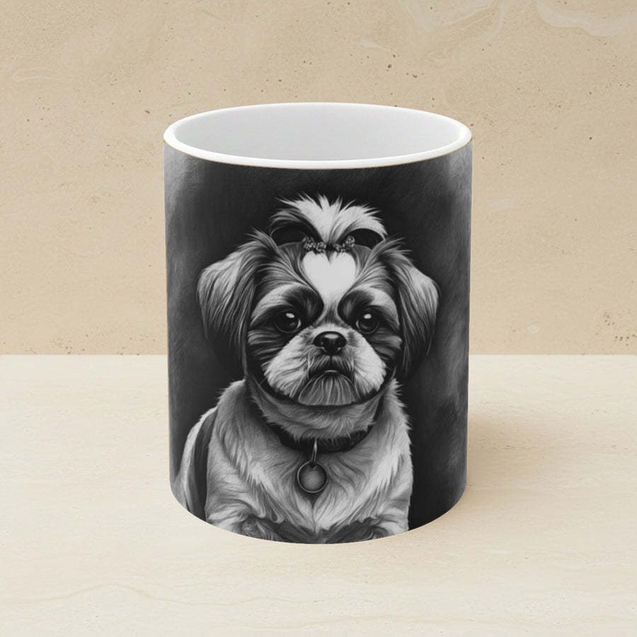 Shih Tzu Charcoal Portrait Ceramic Mug 11oz shown on a warm limestone shelf, front view