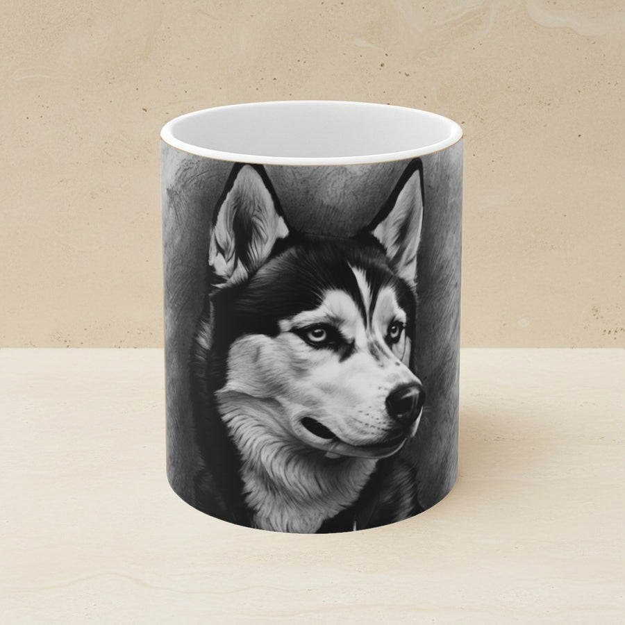 Siberian Husky Charcoal Portrait Ceramic Mug 11oz shown on a warm limestone shelf, front view
