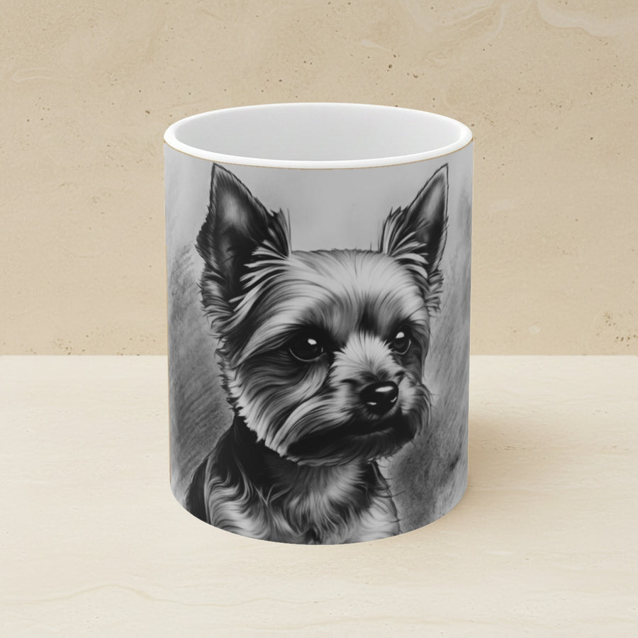 Yorkshire Terrier Charcoal Portrait Ceramic Mug 11oz shown on a warm limestone shelf, front view