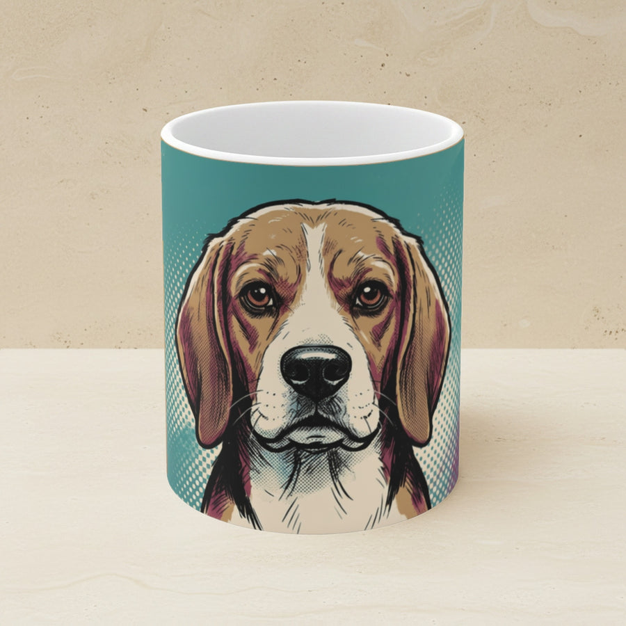 Beagle Comic Pop Art Ceramic Mug 11oz shown on a warm limestone shelf, front view