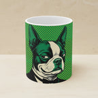 Boston Terrier Comic Pop Art Ceramic Mug 11oz shown on a warm limestone shelf, front view