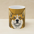 Corgi Comic Pop Art Ceramic Mug 11oz shown on a warm limestone shelf, front view