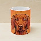 Dachshund Comic Pop Art Ceramic Mug 11oz shown on a warm limestone shelf, front view
