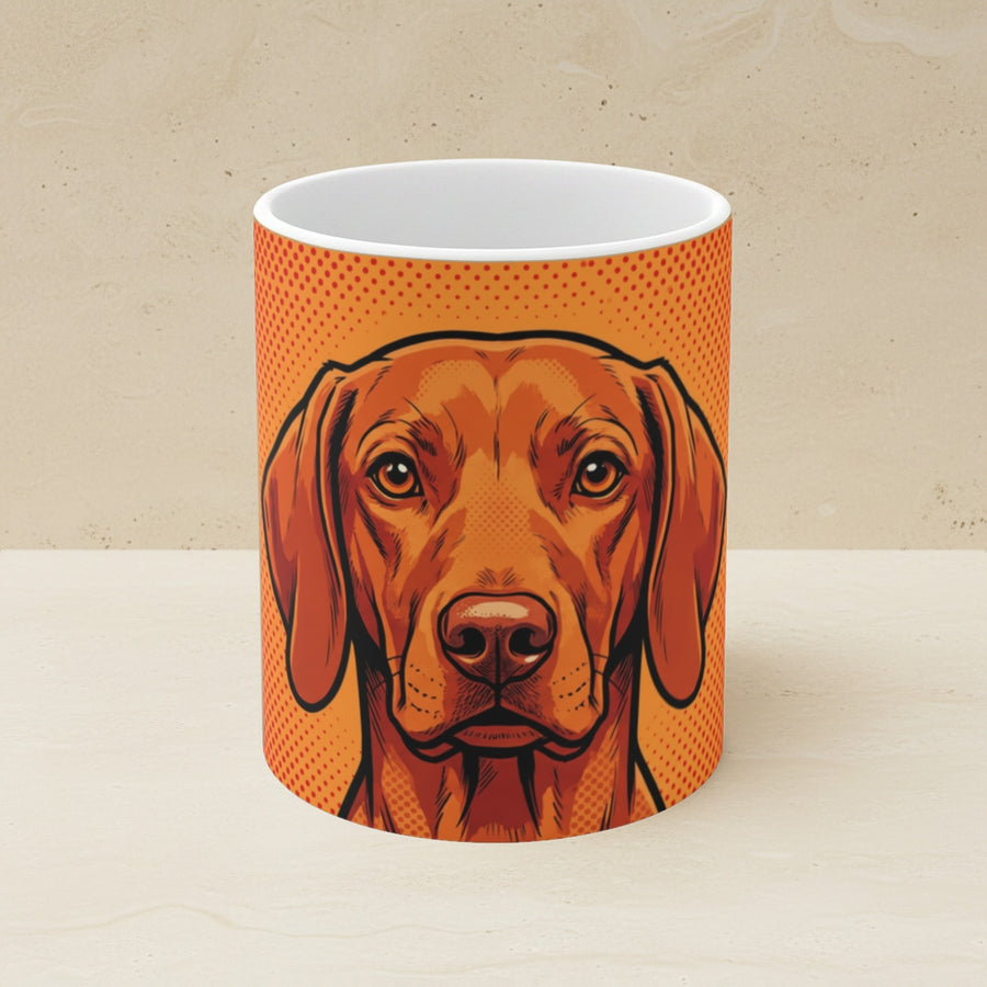 Dachshund Comic Pop Art Ceramic Mug 11oz shown on a warm limestone shelf, front view