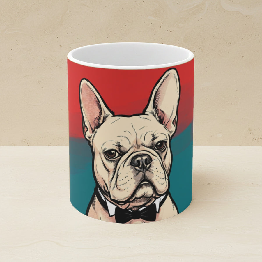 French Bulldog Comic Pop Art Ceramic Mug 11oz shown on a warm limestone shelf, front view
