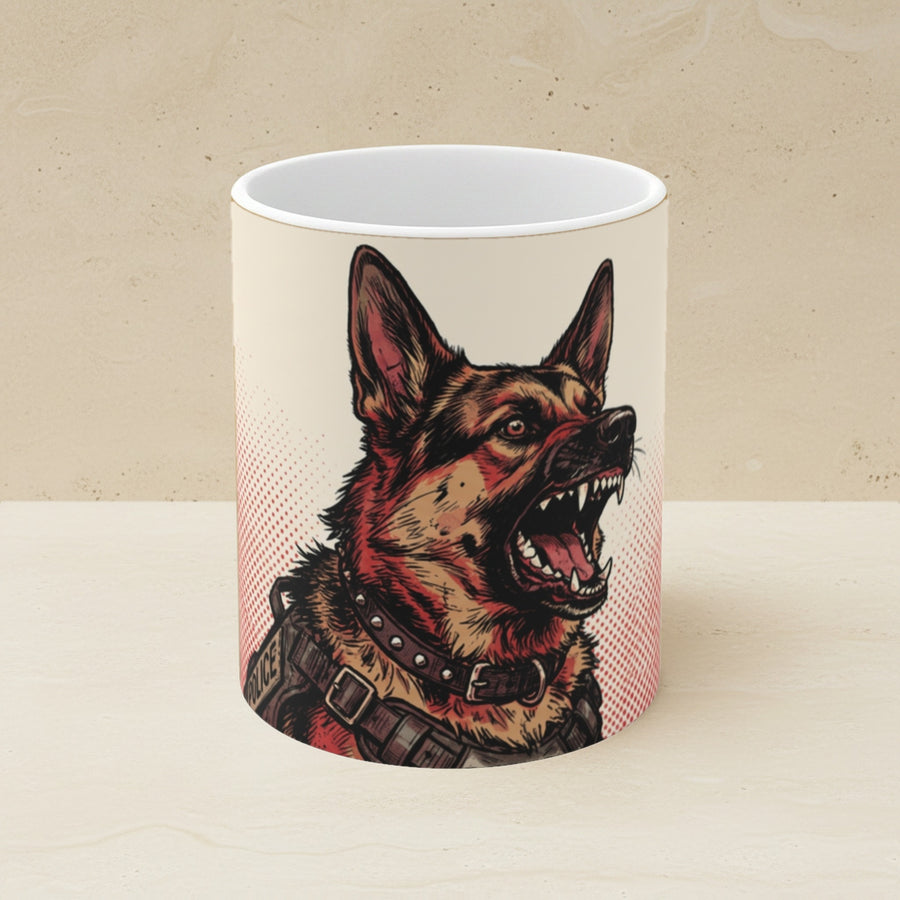 German Shepherd Comic Pop Art Ceramic Mug 11oz shown on a warm limestone shelf, front view