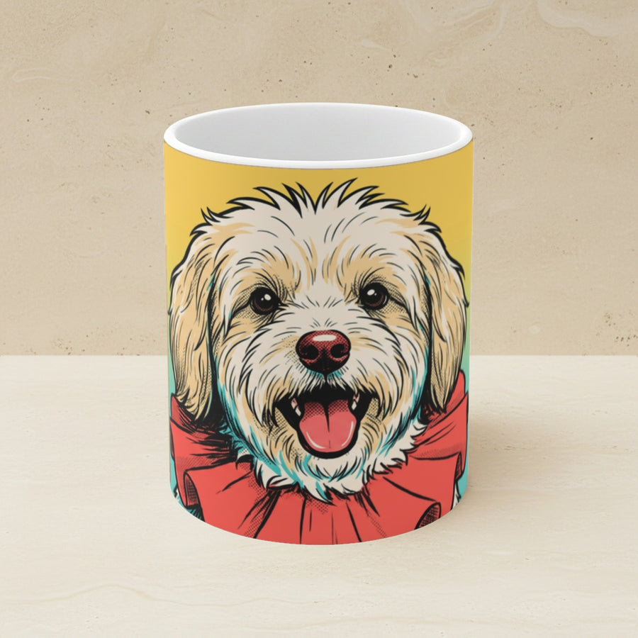 Havanese Comic Pop Art Ceramic Mug 11oz shown on a warm limestone shelf, front view