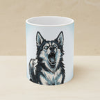 Husky Comic Pop Art Ceramic Mug 11oz shown on a warm limestone shelf, front view