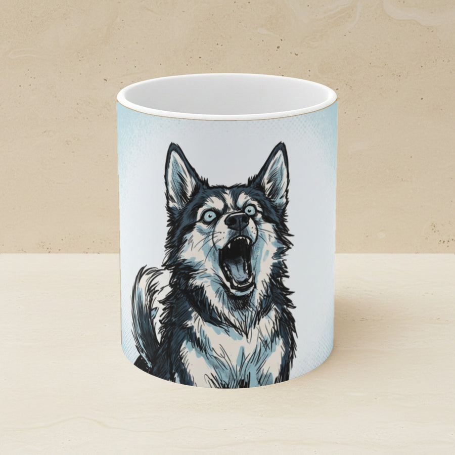 Husky Comic Pop Art Ceramic Mug 11oz shown on a warm limestone shelf, front view