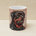 Rottweiler Comic Pop Art Ceramic Mug 11oz shown on a warm limestone shelf, front view