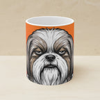 Shih Tzu Comic Pop Art Ceramic Mug 11oz shown on a warm limestone shelf, front view