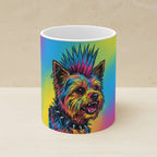 Yorkshire Terrier Comic Pop Art Ceramic Mug 11oz shown on a warm limestone shelf, front view