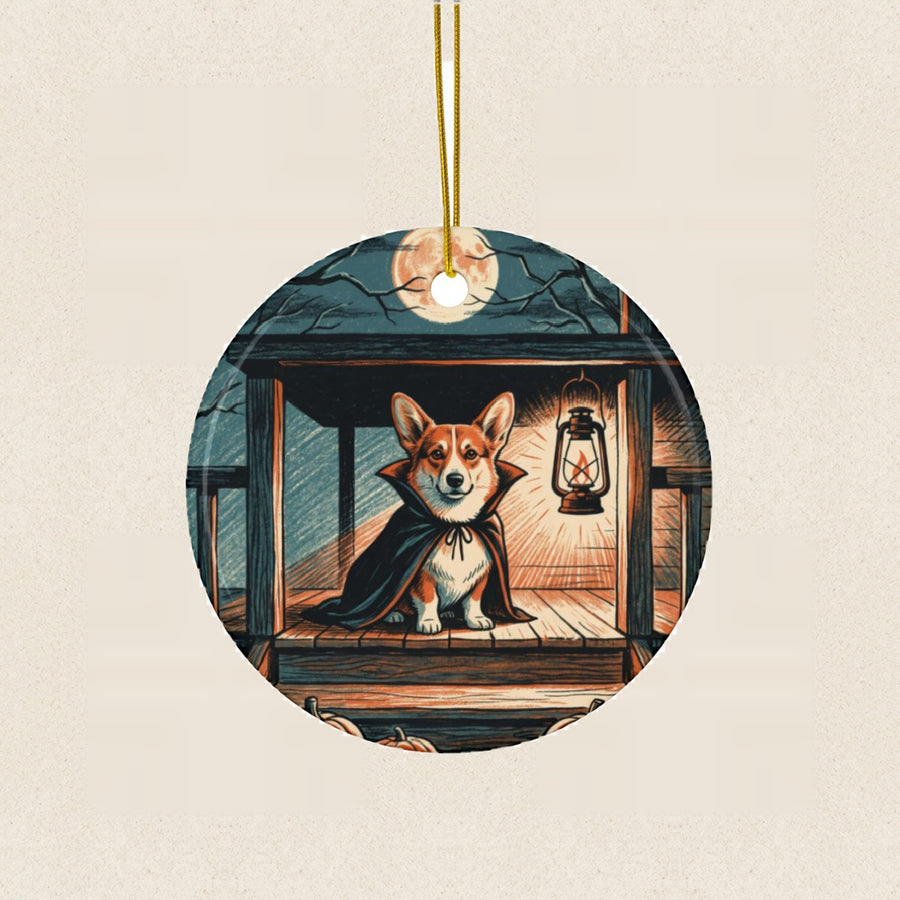 Corgi Halloween Poster Ceramic Tree Ornament round ceramic ornament by Tritan, laid flat on a warm limestone surface