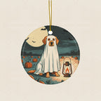 Golden Retriever Halloween Poster Ceramic Tree Ornament round ceramic ornament by Tritan, laid flat on a warm limestone surface