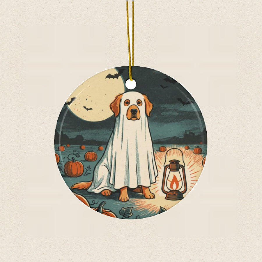 Golden Retriever Halloween Poster Ceramic Tree Ornament round ceramic ornament by Tritan, laid flat on a warm limestone surface