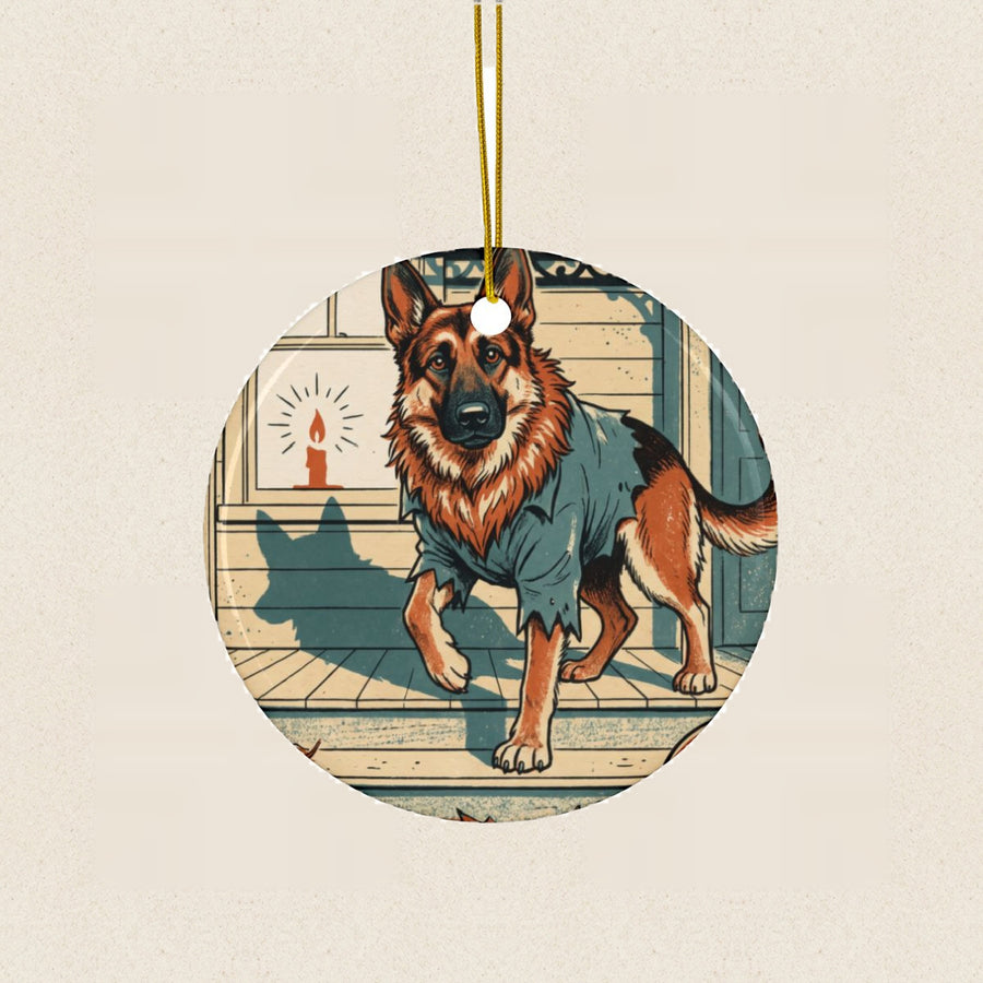 German Shepherd Halloween Poster Ceramic Tree Ornament round ceramic ornament by Tritan, laid flat on a warm limestone surface