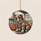 Bulldog Halloween Poster Ceramic Tree Ornament round ceramic ornament by Tritan, laid flat on a warm limestone surface