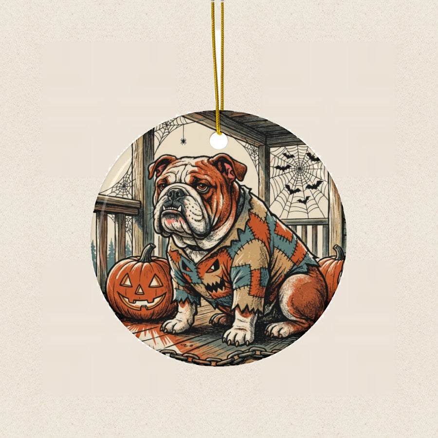 Bulldog Halloween Poster Ceramic Tree Ornament round ceramic ornament by Tritan, laid flat on a warm limestone surface