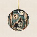 Border Collie Halloween Poster Ceramic Tree Ornament round ceramic ornament by Tritan, laid flat on a warm limestone surface
