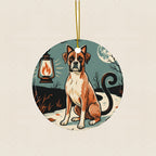 Boxer Halloween Poster Ceramic Tree Ornament round ceramic ornament by Tritan, laid flat on a warm limestone surface